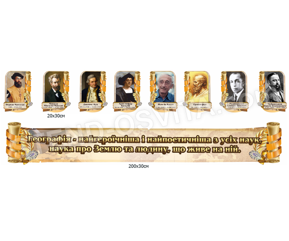 Комплект портретів географів та стрічка над дошкою