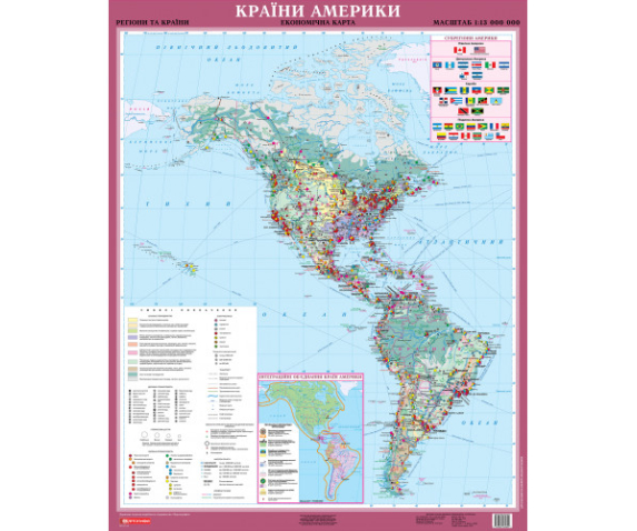 Країни Америки. Економічна карта м-б 1:13 000 000 Навчальна карта картон на планках