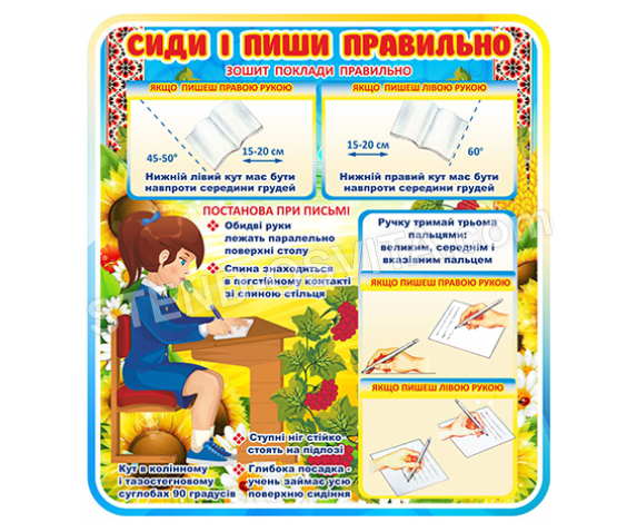 Стенд "Вимоги до правильної постави під час письма та користування письмовим приладдям"